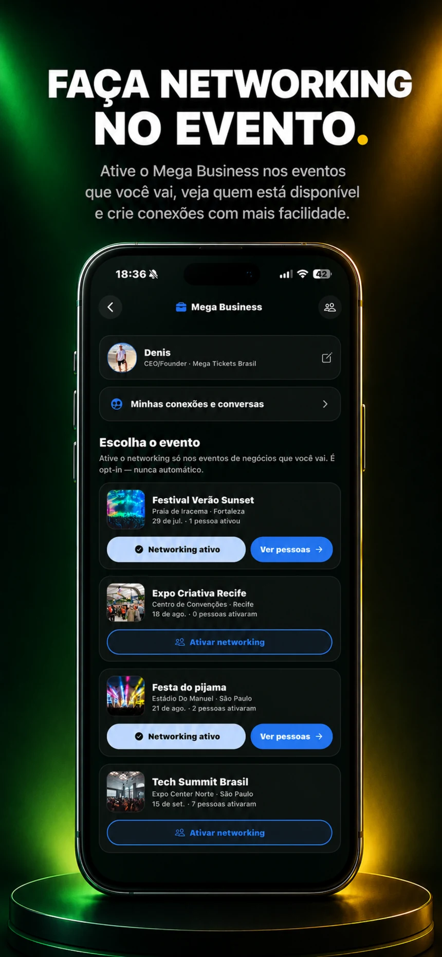 Tela do Mega Business no app: faça networking com quem está no mesmo evento