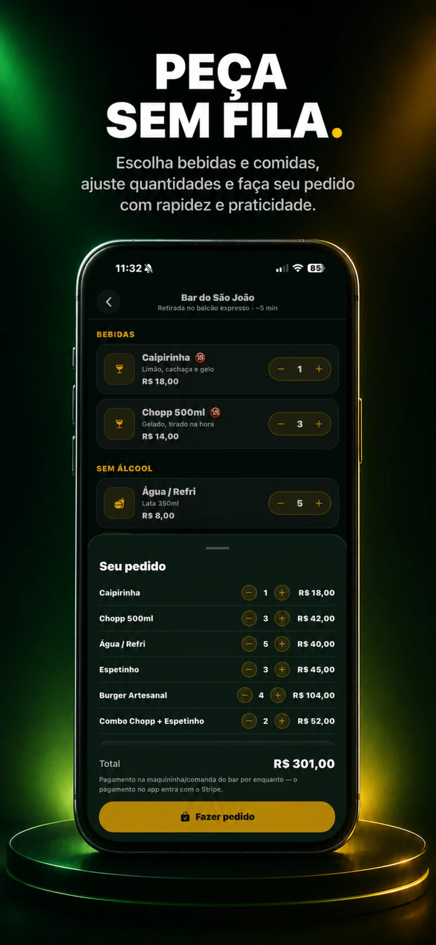 Tela de pedidos de bebidas e comidas do Mega Drinks no app Mega Tickets