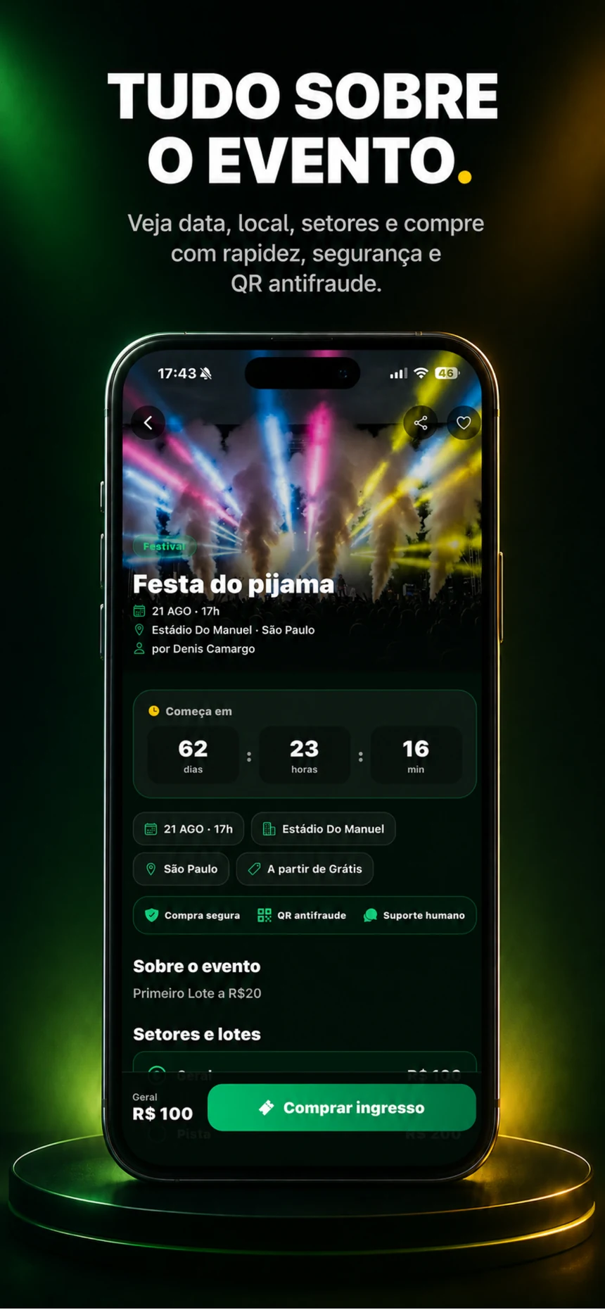 Tela de detalhes do evento no app: data, local, setores, compra segura e QR antifraude