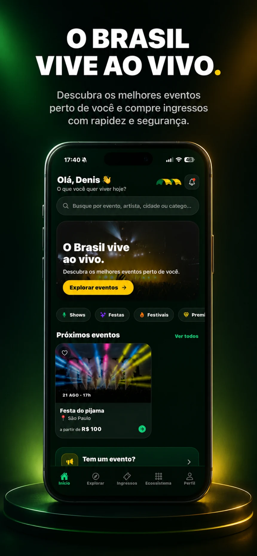 Tela inicial do app Mega Tickets mostrando eventos perto de você