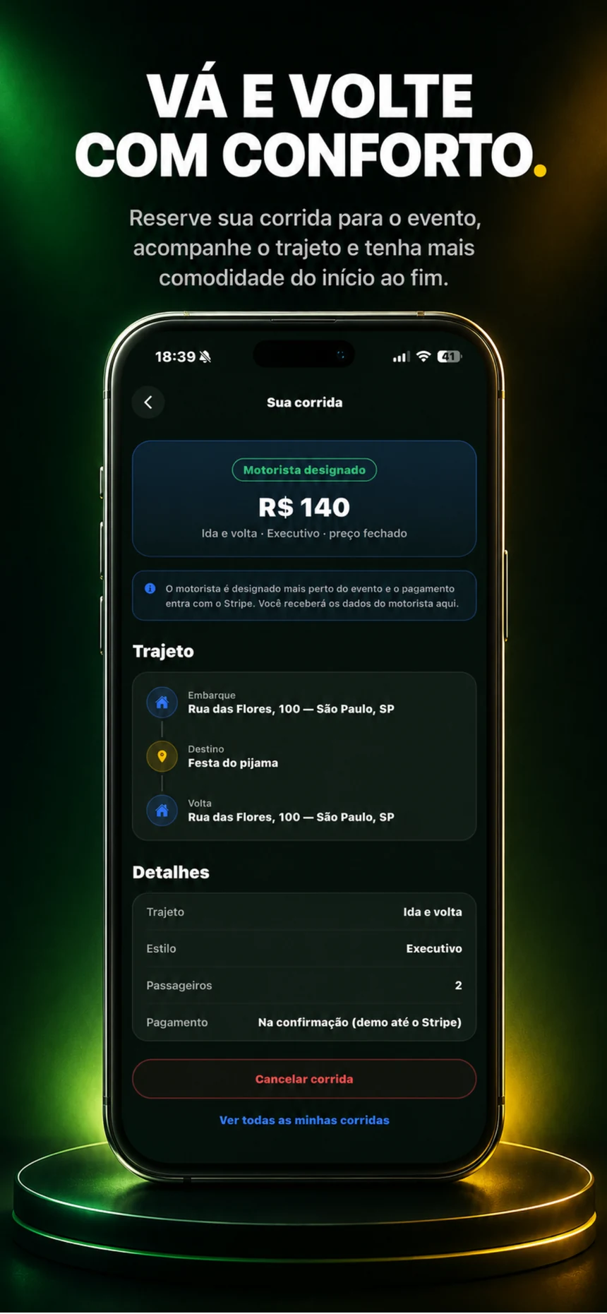 Tela do Mega Ride no app: reserve ida e volta e acompanhe o trajeto até o evento
